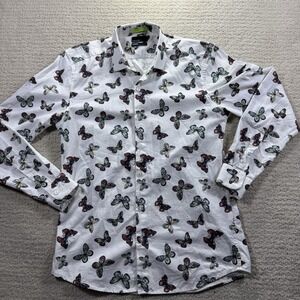 Snitch Slim Fit Men's White Butterfly Print Button Down Long sleeve Size Medium